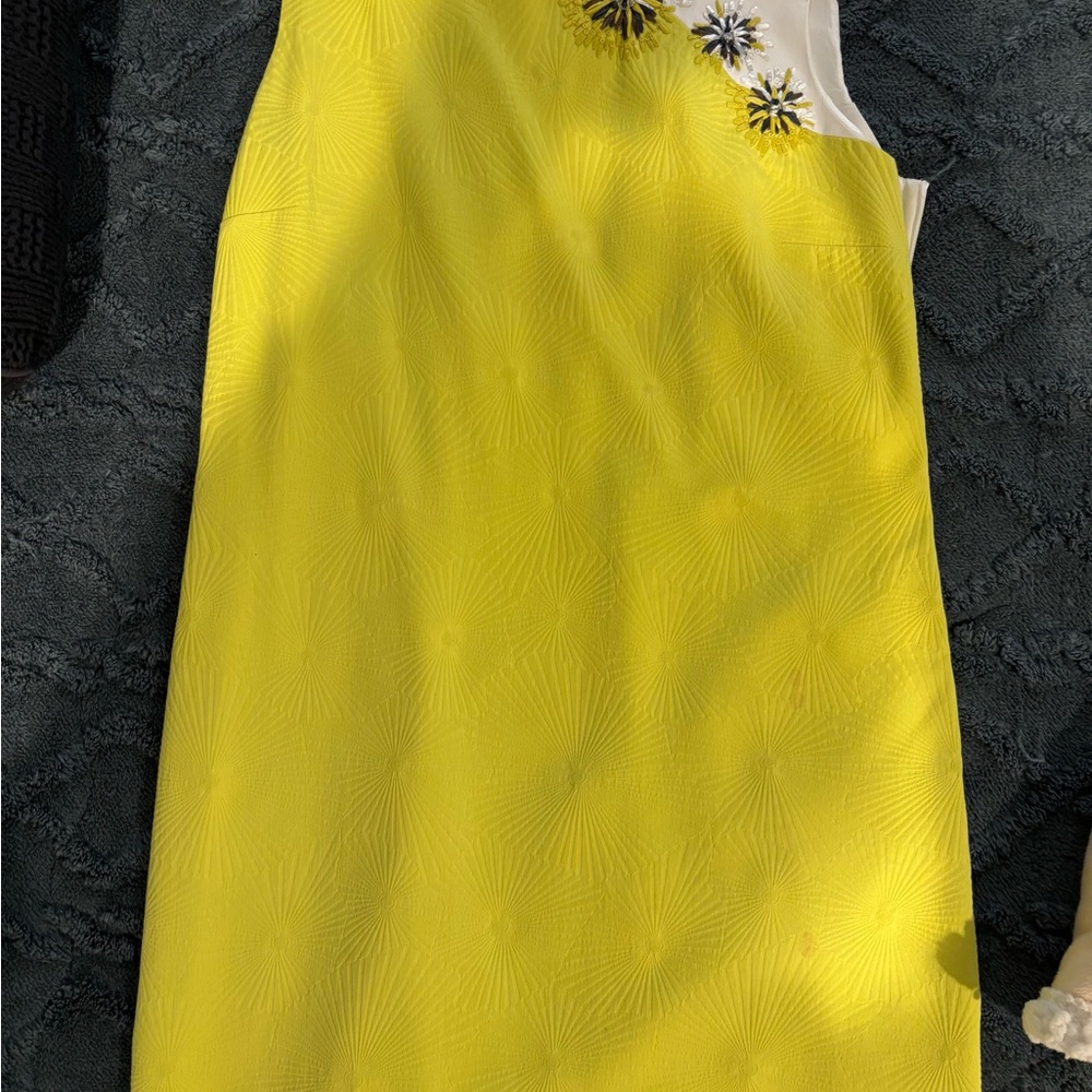 Piazza Sempione Yellow Shift Dress with Embroidered Floral Neckline